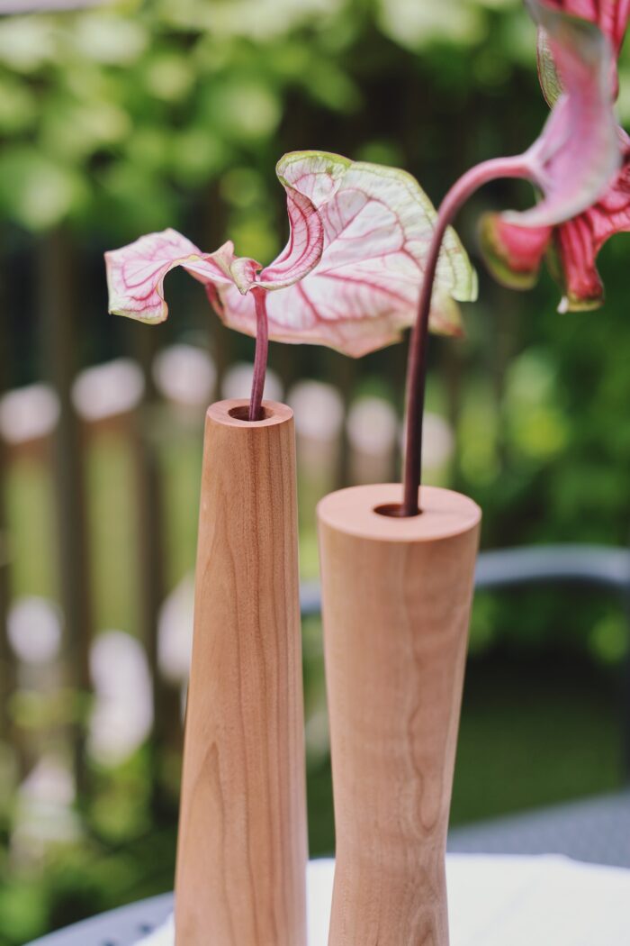 Handcrafted Cherry Wood Vase with Wabi Sabi Minimalist Design displaying unique grain patterns and natural elegance